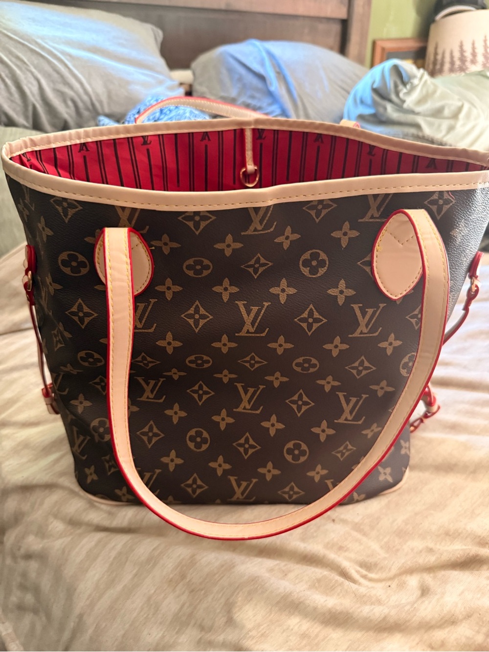 Louis Vuitton Brown Monogram Tote with Cream Trim and Red Interior